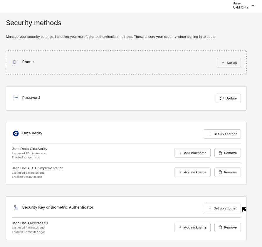 Security methods page. The cursor is near “set up another” in the “Security Key or Biometric Authenticator” section.